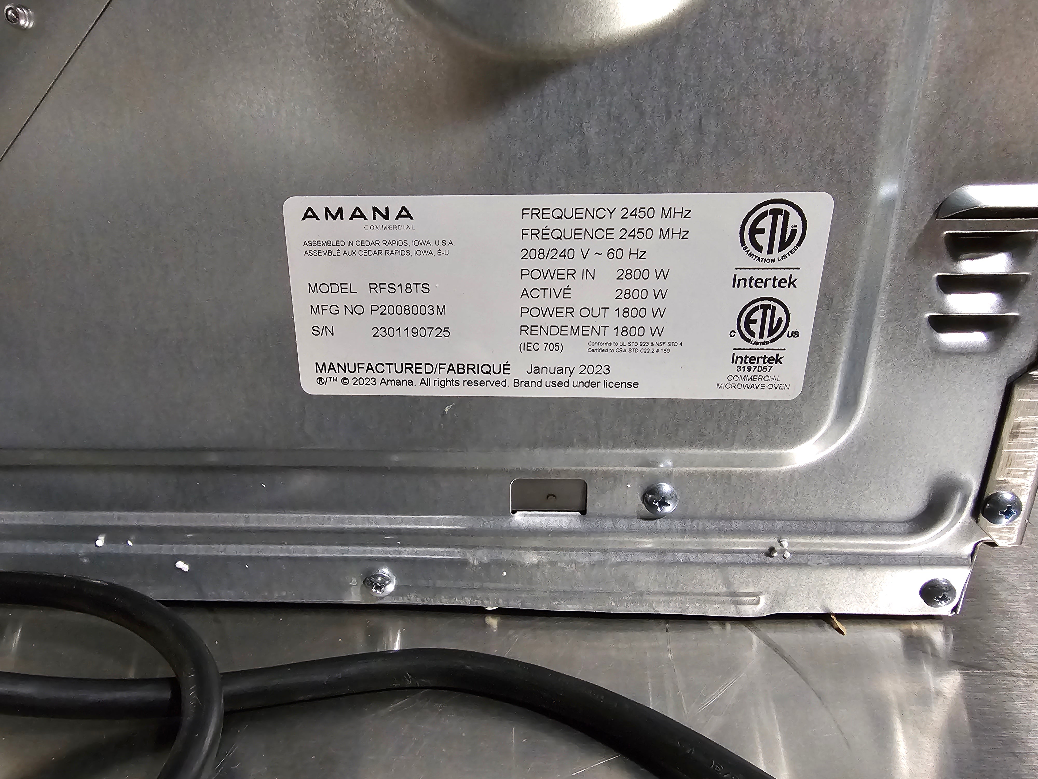 Amana RFS18TS Commercial Microwave Oven, 1800 W, 208/240V, SCRATCH & DENT FINAL SALE